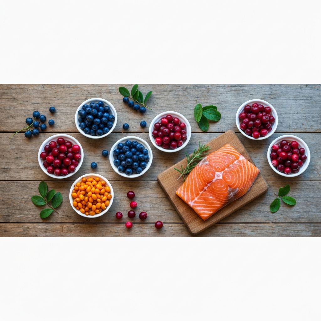 Panoramic view of fresh Nordic berries and fish on a traditional Scandinavian wooden table