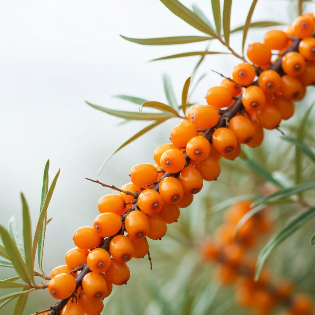 Bright orange sea buckthorn berries on branches with natural foliage